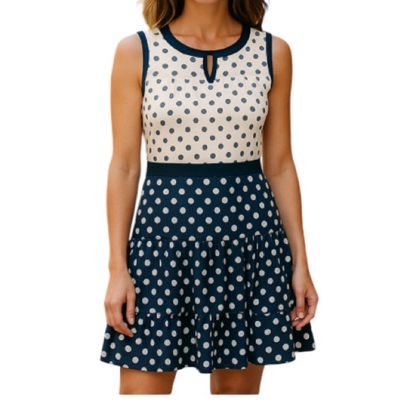 J.CREW Polka Dot Sleeveless Drop Waist Dress Navy Cream Tier Preppy Tennis 4 - Picture 1 of 9
